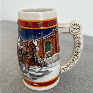 Budweiser Red and Blue Holiday Mug with Ornate Handle